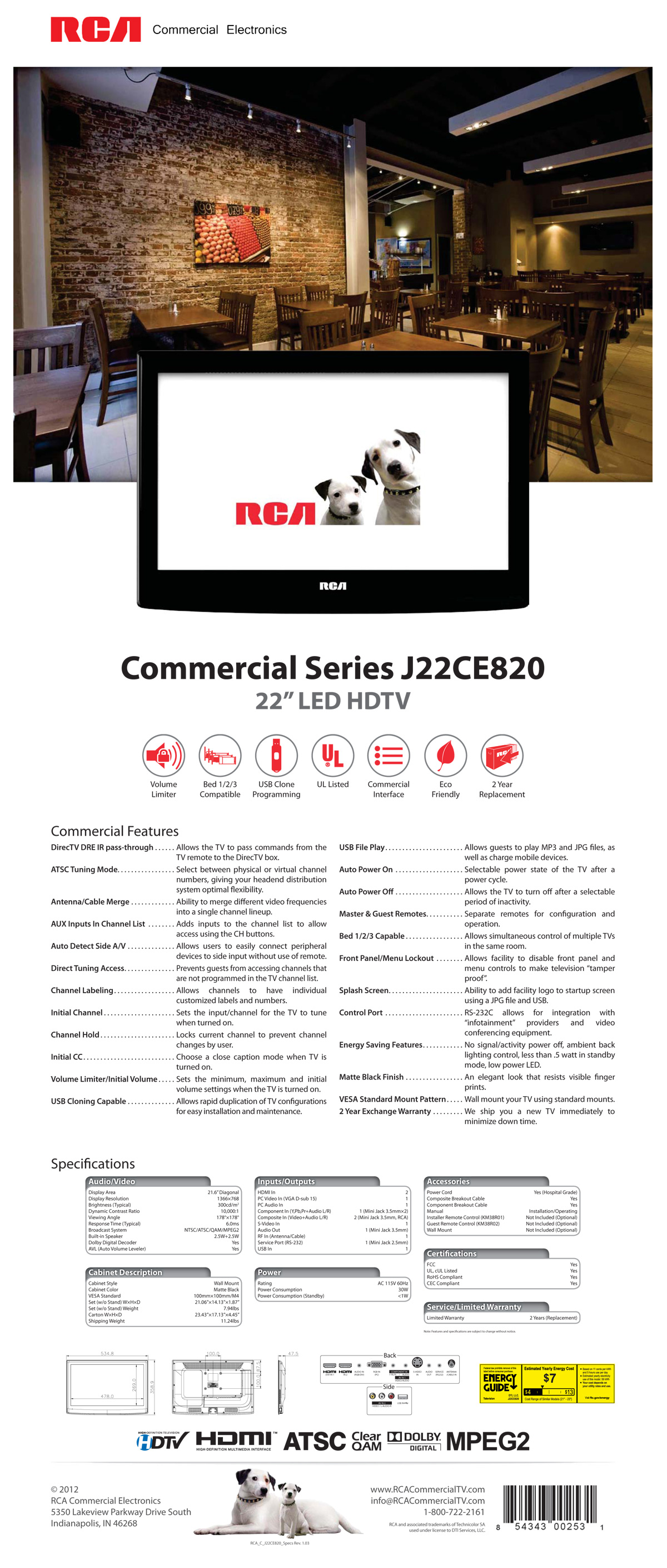 RCA Commercial Series 22″ LED HDTV Spec Sheet